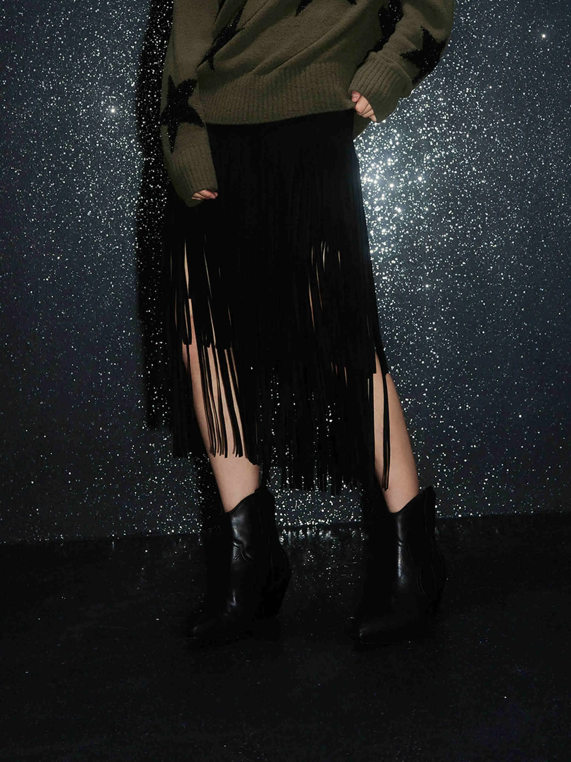 Fringed Detail Midi Skirt Split hem Fashion Forward