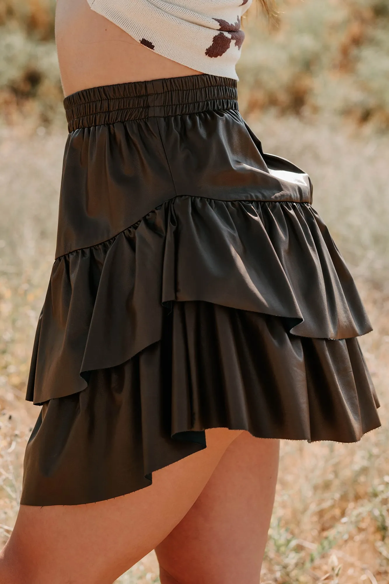 Heritage Craft Make My Day Faux Leather Ruffle Mini Skirt (Chocolate)
