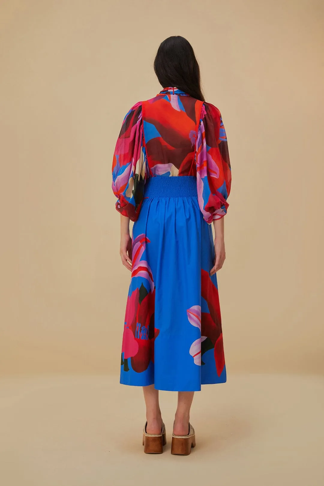 Watercolor Floral Blue Midi Skirt Crisp Fit Flexible Material