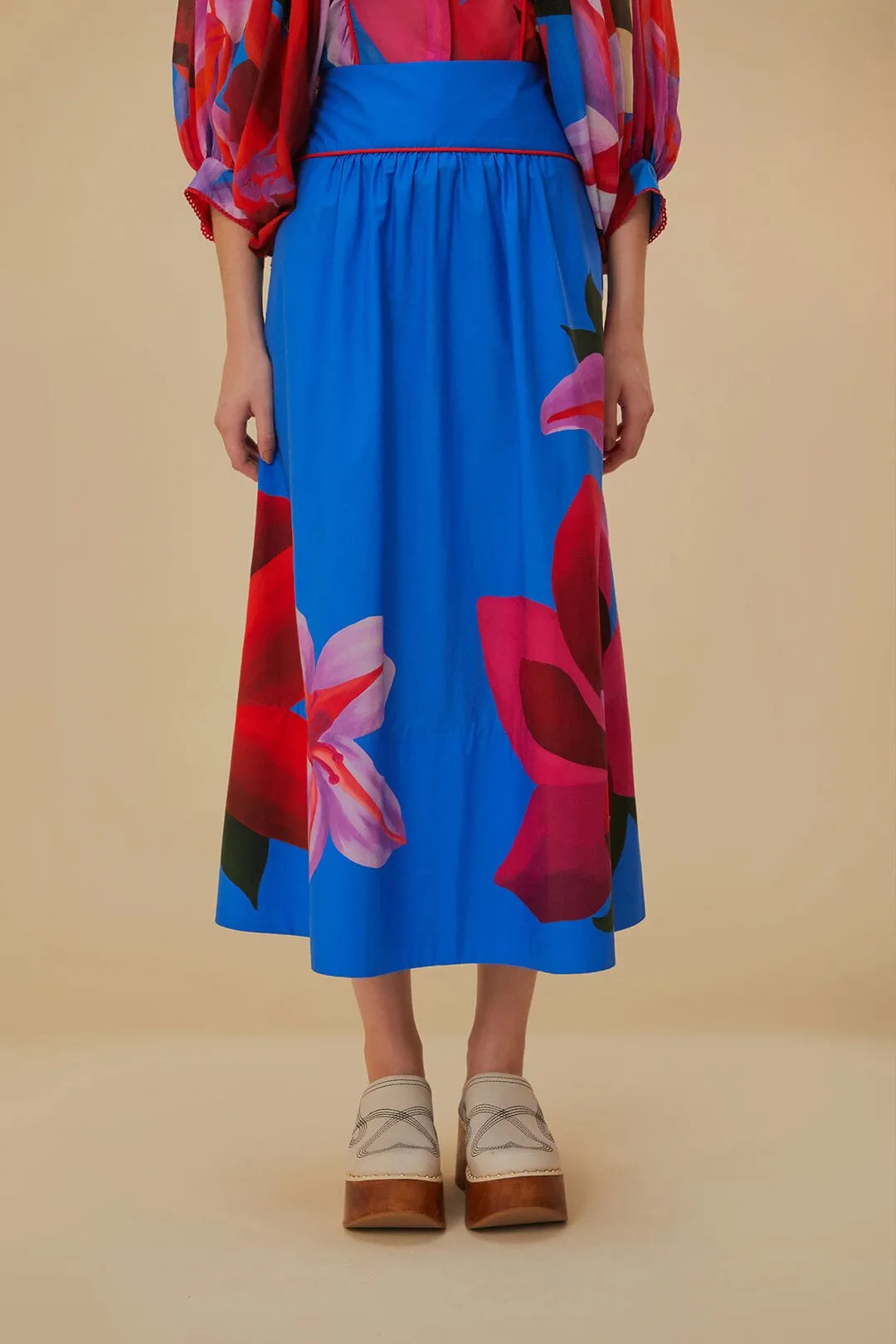 Mid Length Quick Fit Watercolor Floral Blue Midi Skirt