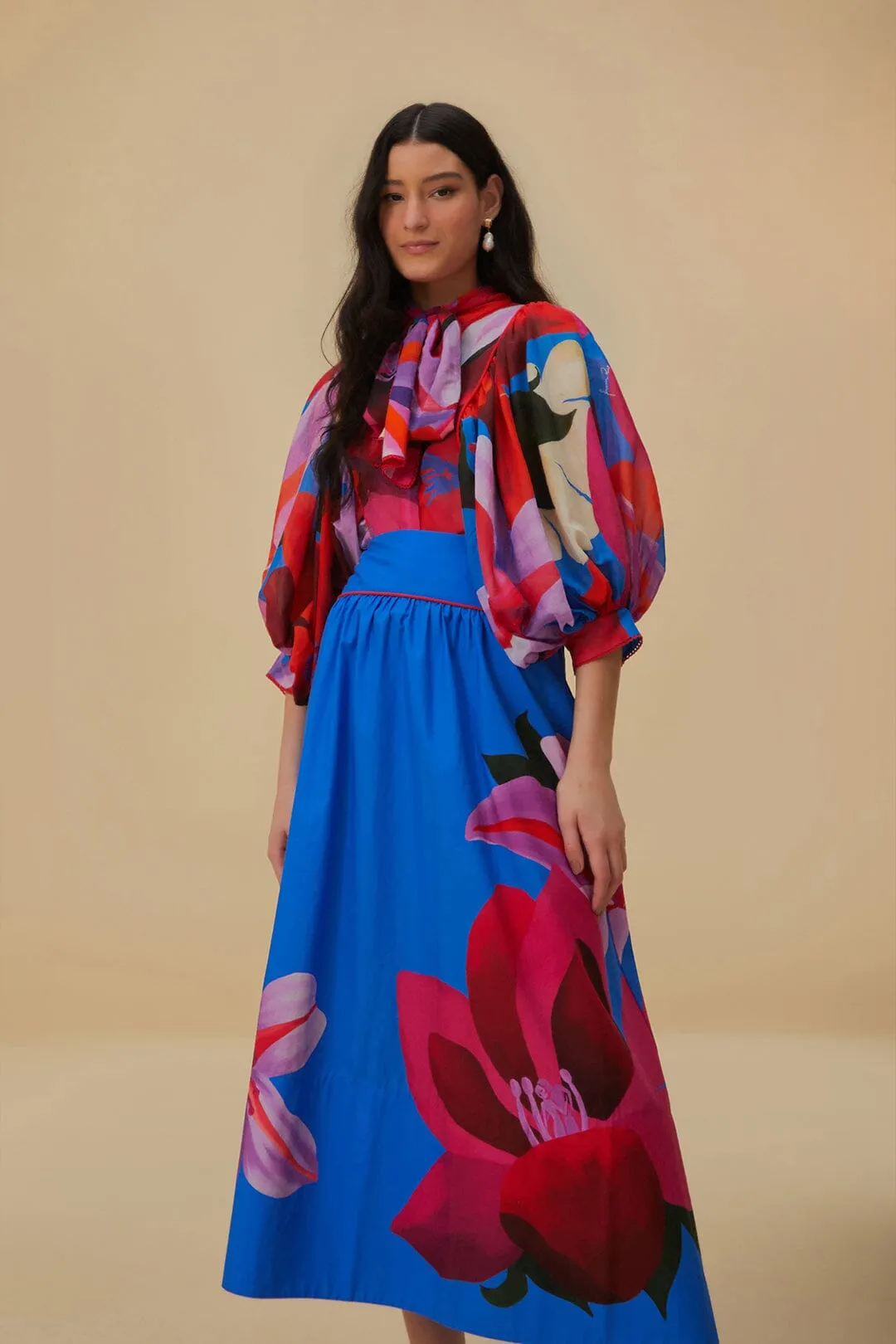 Watercolor Floral Blue Midi Skirt Push Button Closure