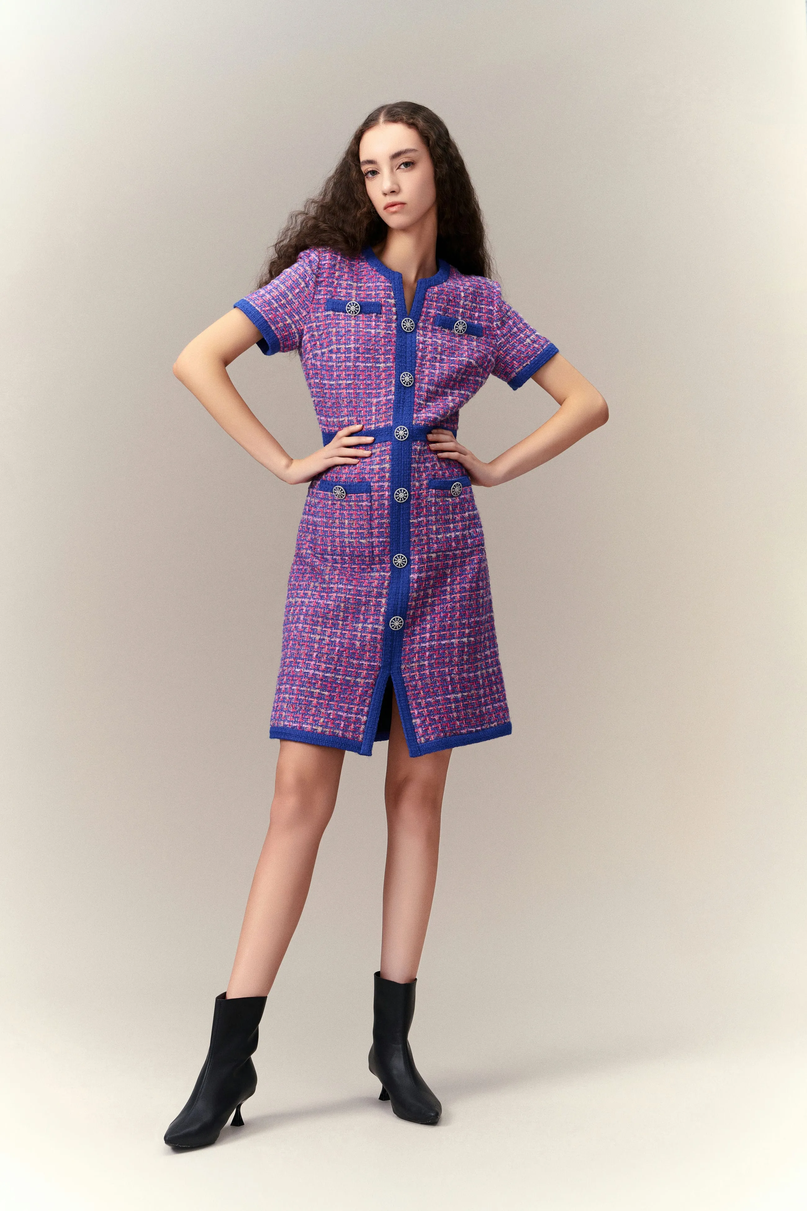 Saga Fit AntiPilling Surface Primary Color Illusion Chunky Woven Tweed Dress