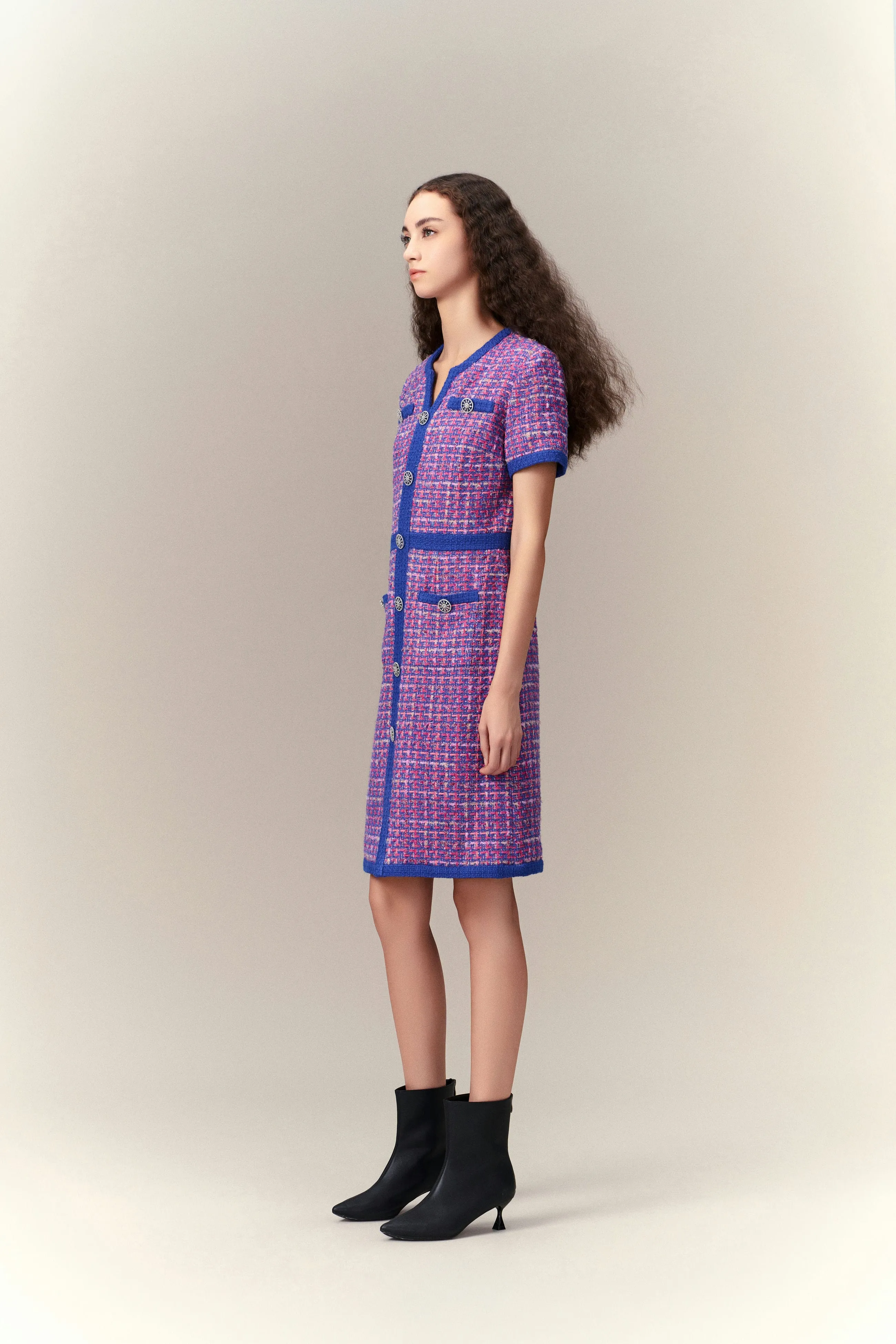 Morning Walk LightweightMaterial Primary Color Illusion Chunky Woven Tweed Dress