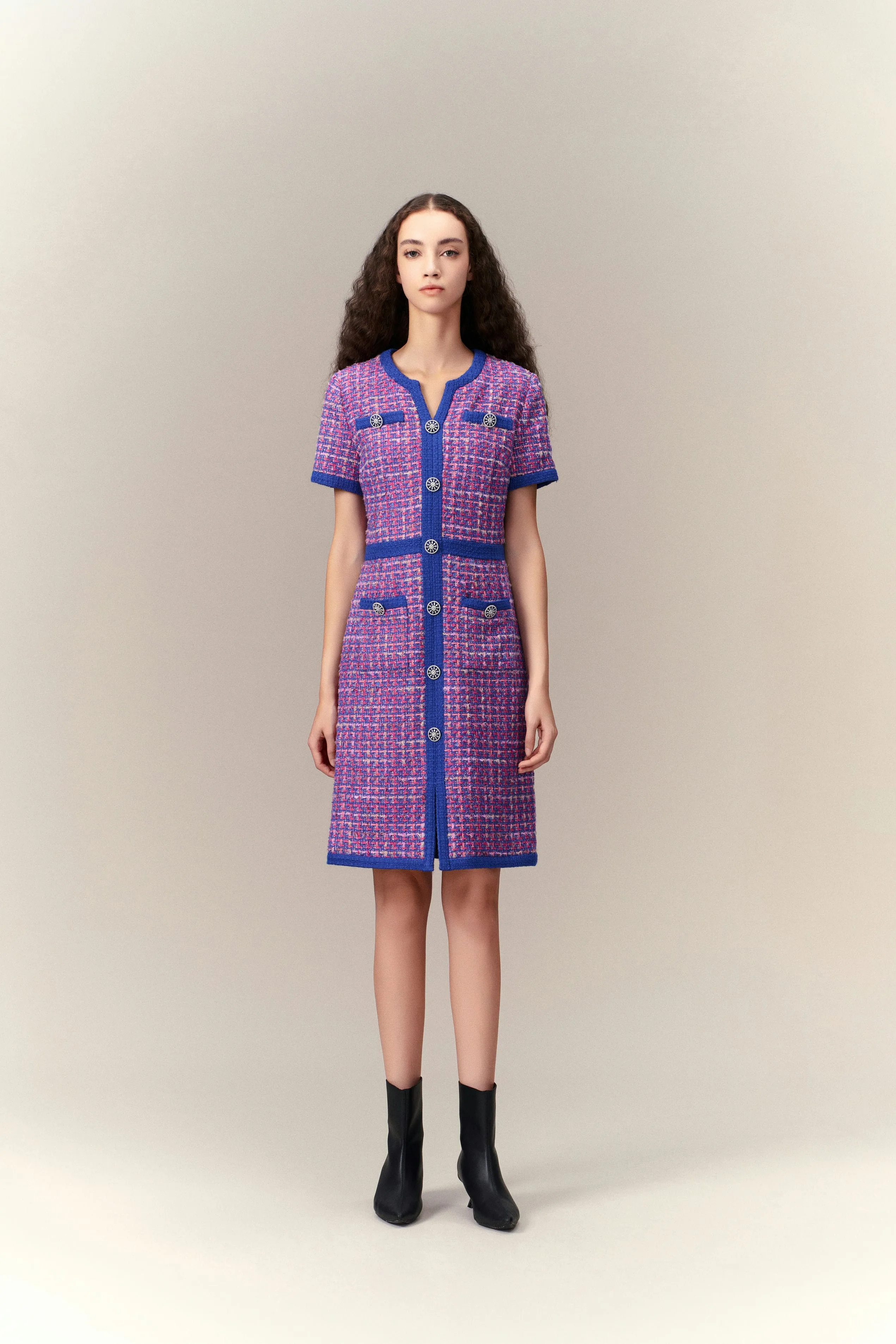 Romance Air SeamlessTransition Primary Color Illusion Chunky Woven Tweed Dress