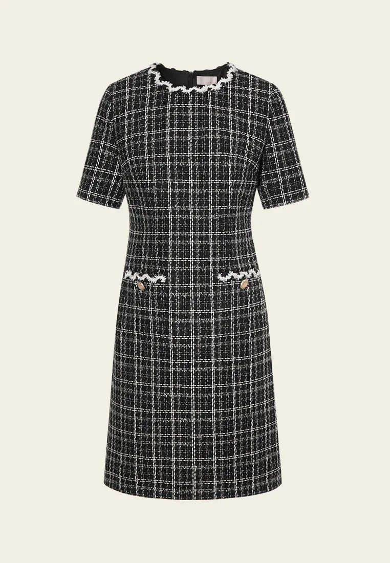 Scallop-trim Checked Patch-pocket Dress QuickDrying Fiber