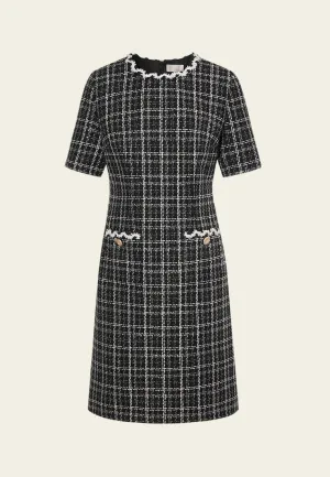Scallop-trim Checked Patch-pocket Dress QuickDrying Fiber