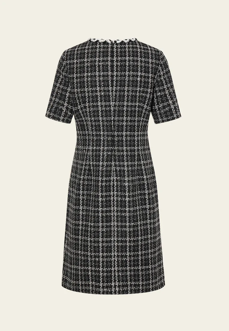 WrinkleFree Material Scallop-trim Checked Patch-pocket Dress