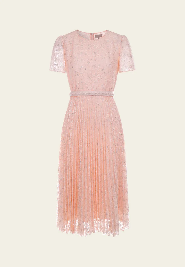 Belted Sequin-detail Lurex Mesh Lace Dress Airtight Zipper Carry Ease