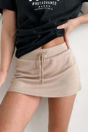 Outfit Lineup Hidden Zipper Stretching Into Comfort Drawstring Mini Skort (Taupe)
