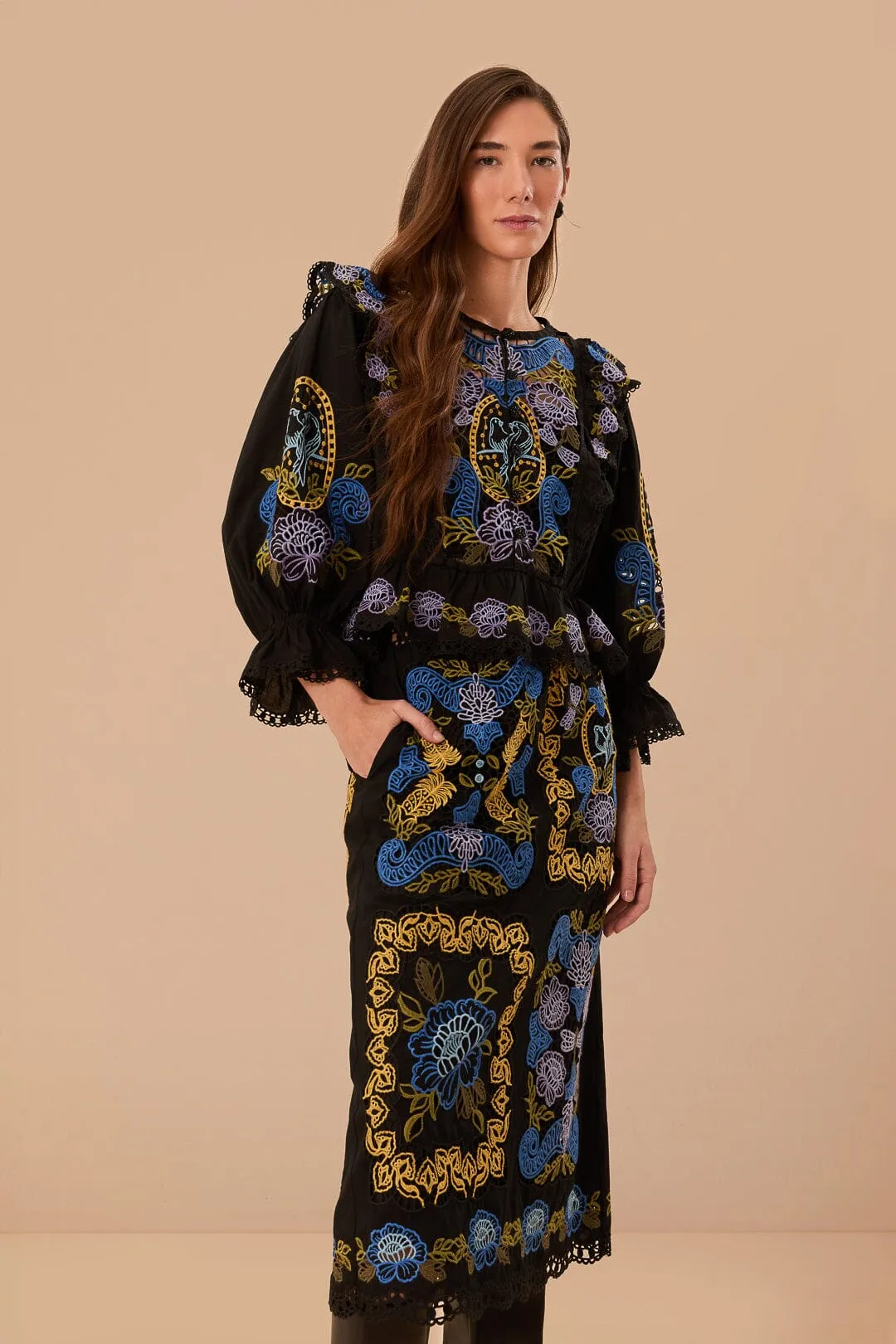 Black Richelieu Midi Skirt anti static Pure Vibes