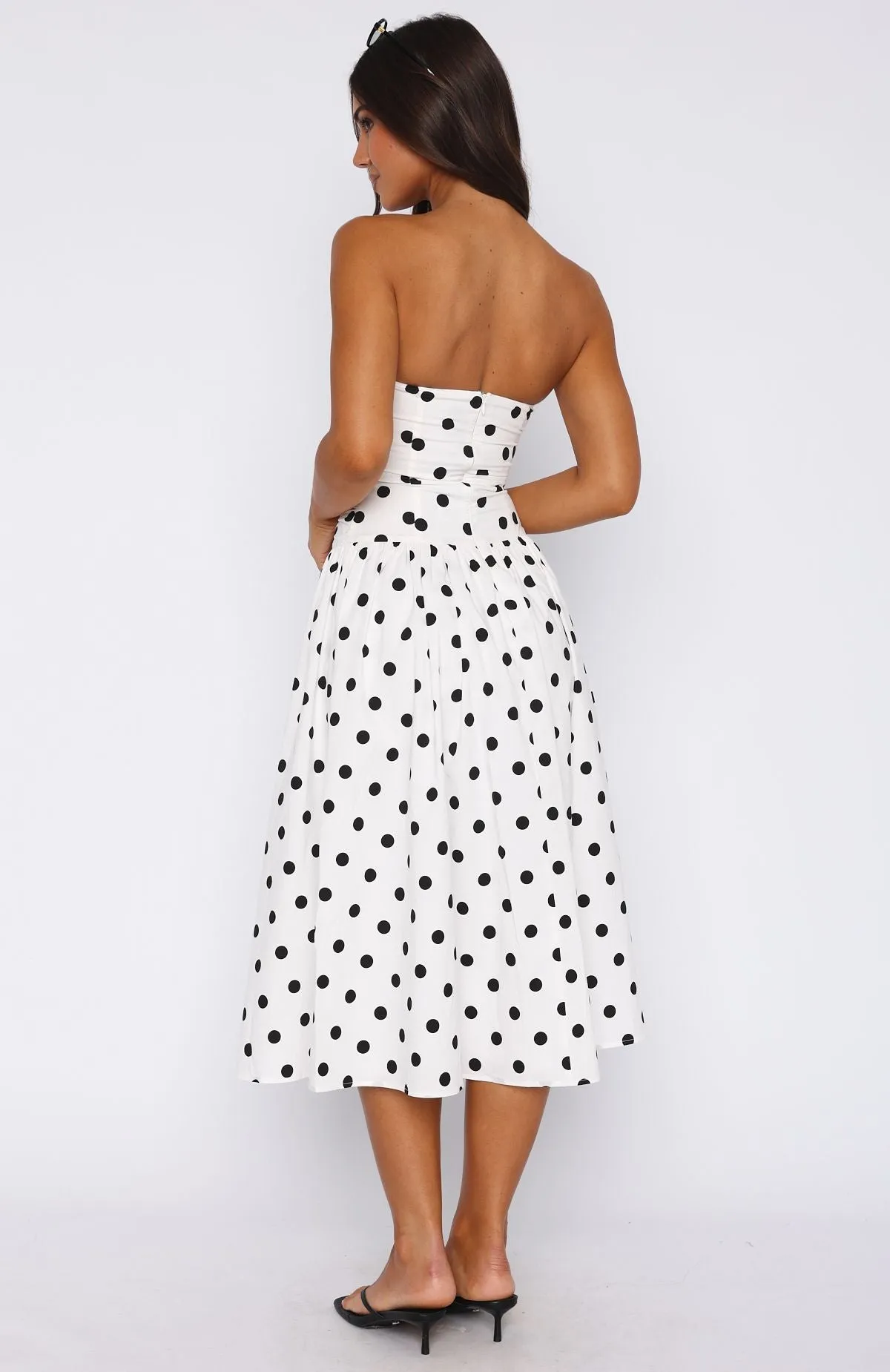 Rich In Love Strapless Midi Dress White/Black Polka Dot QuickRelease Closure