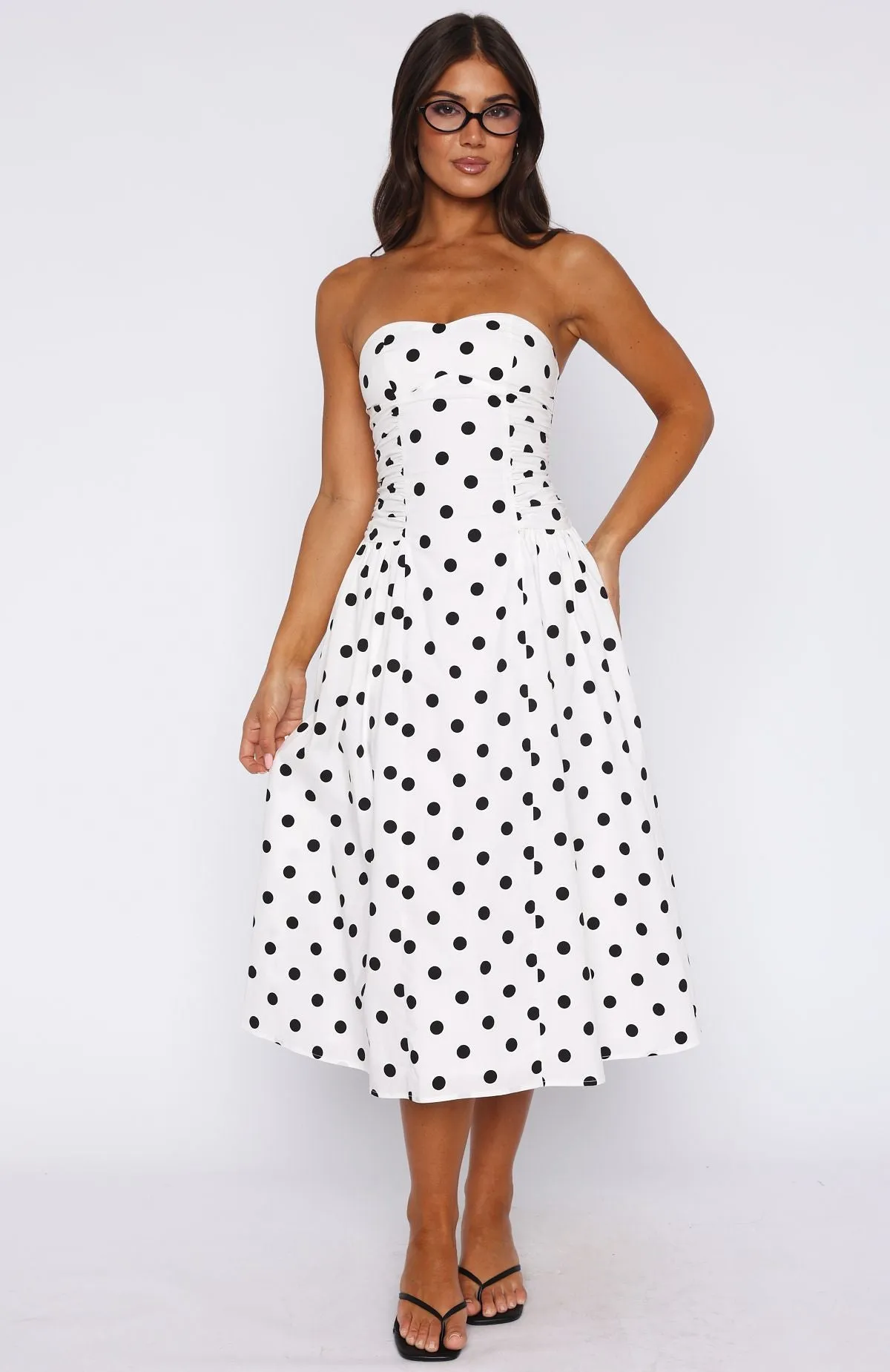 Colorfast Technology Rich In Love Strapless Midi Dress White/Black Polka Dot