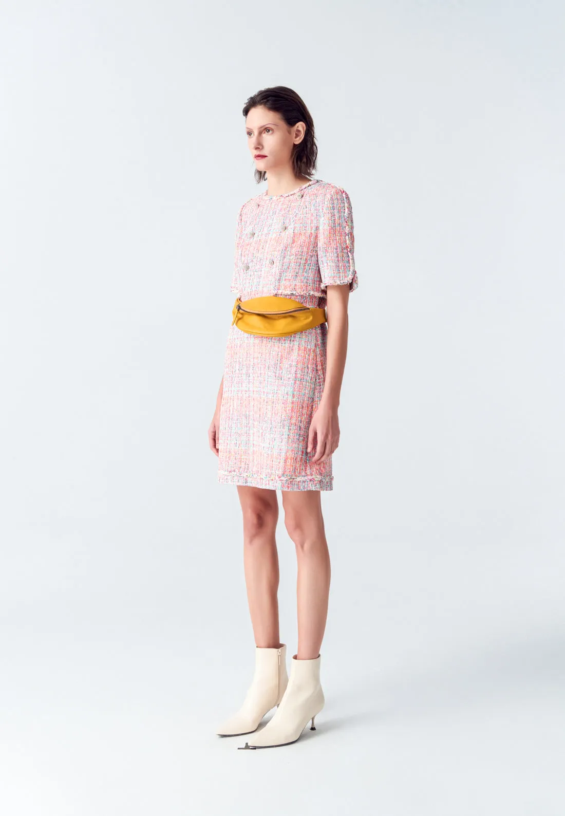 Soft Inner Lining Winter Core Pink Tweed Dress with Buttons