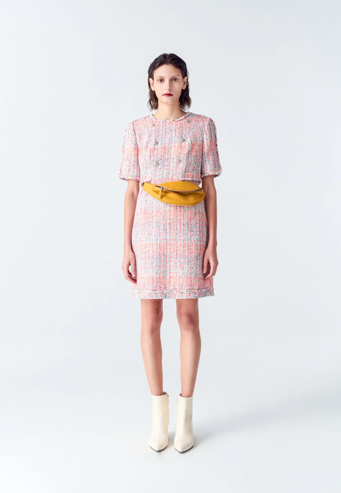 Regular Fit AntiPillingCloth Pink Tweed Dress with Buttons