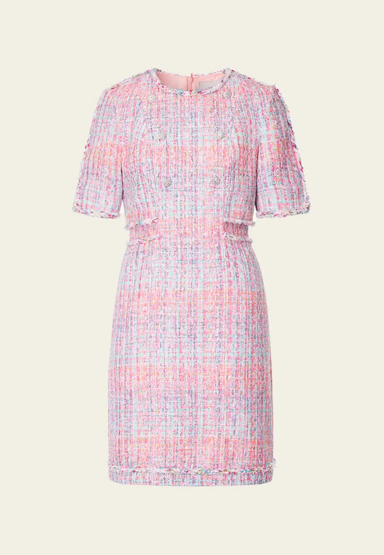 CompressionEnhanced warm fleece Pink Tweed Dress with Buttons