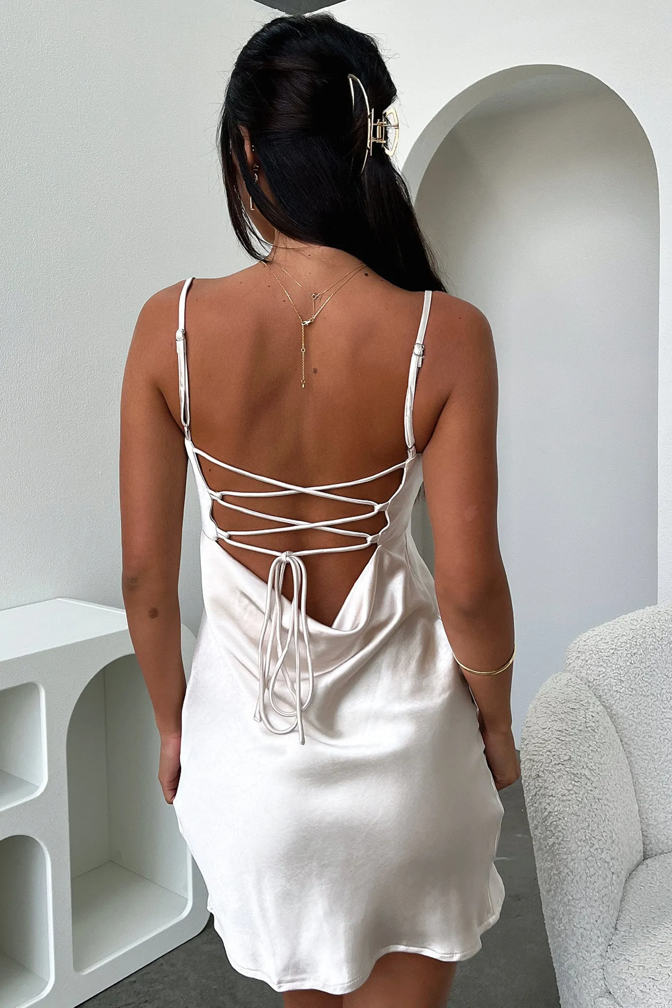 Tie Back Closure System Light Fit Addison Satin Mini Dress - Champagne