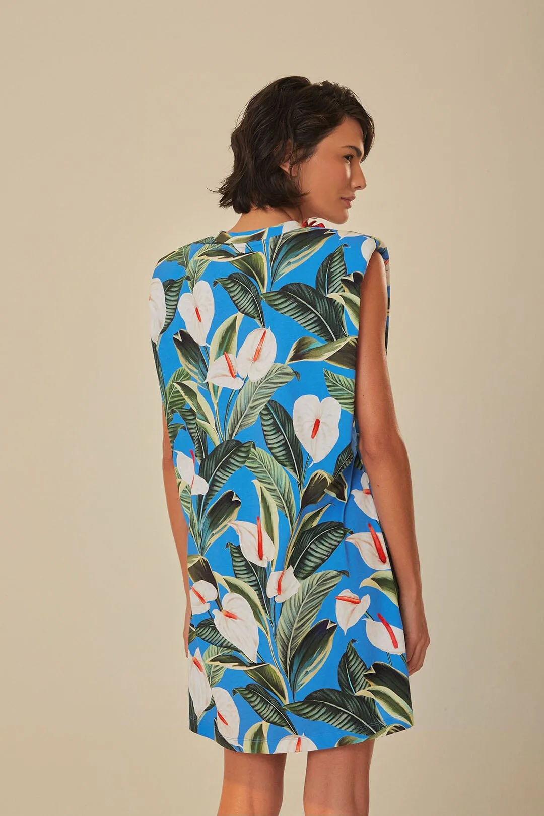 AdjustableHemline mesh ventilation Blue Anthurium Garden Organic Cotton Mini T-Shirt Dress