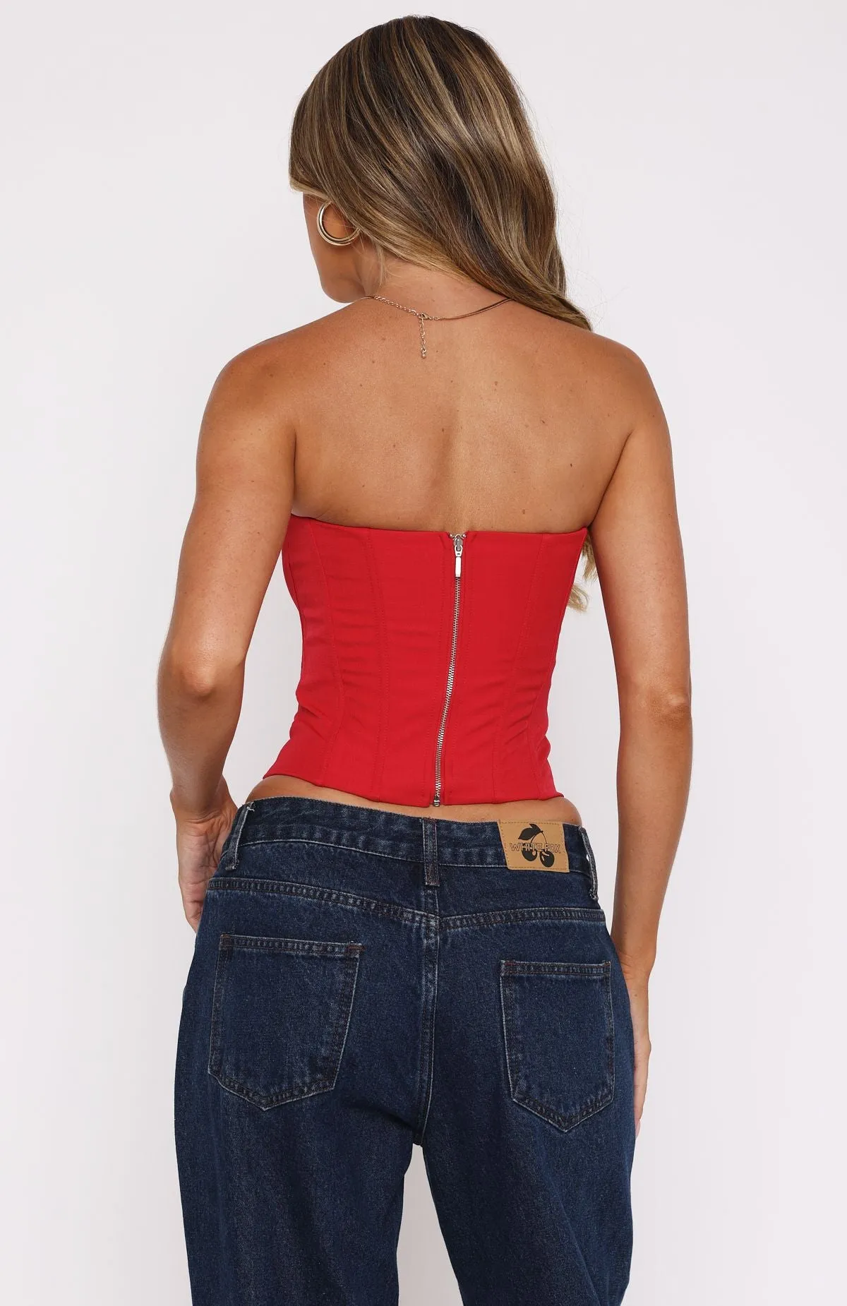 Contrast Stitch Detailing Classic Crewneck Design Never Love Again Strapless Bustier Red