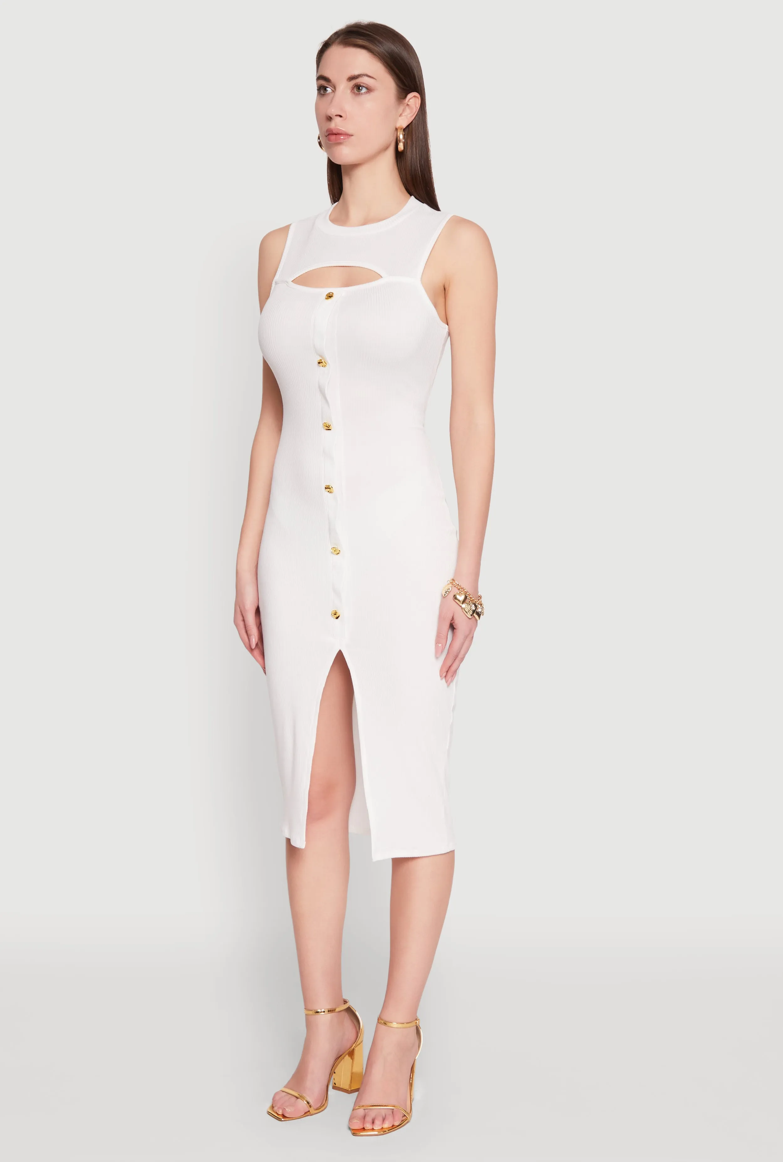 Fashion Must-Have Rib Knit Slit Front Keyhole Midi Dress