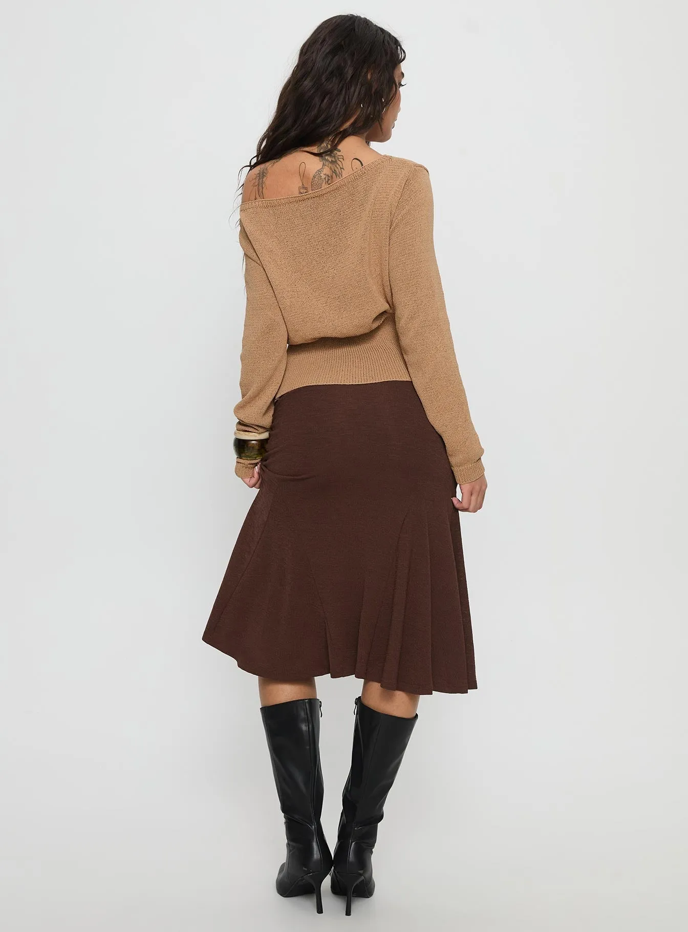 Texture Shot Reinforced Pockets Lewish Low Rise Midi Skirt Chocolate