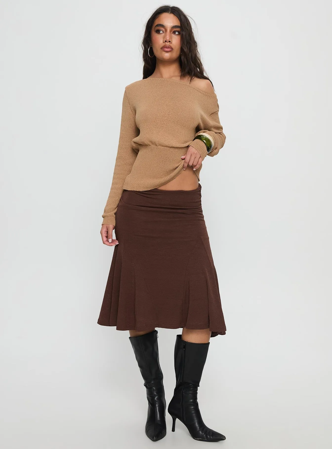 Lewish Low Rise Midi Skirt Chocolate Embroidered Detail