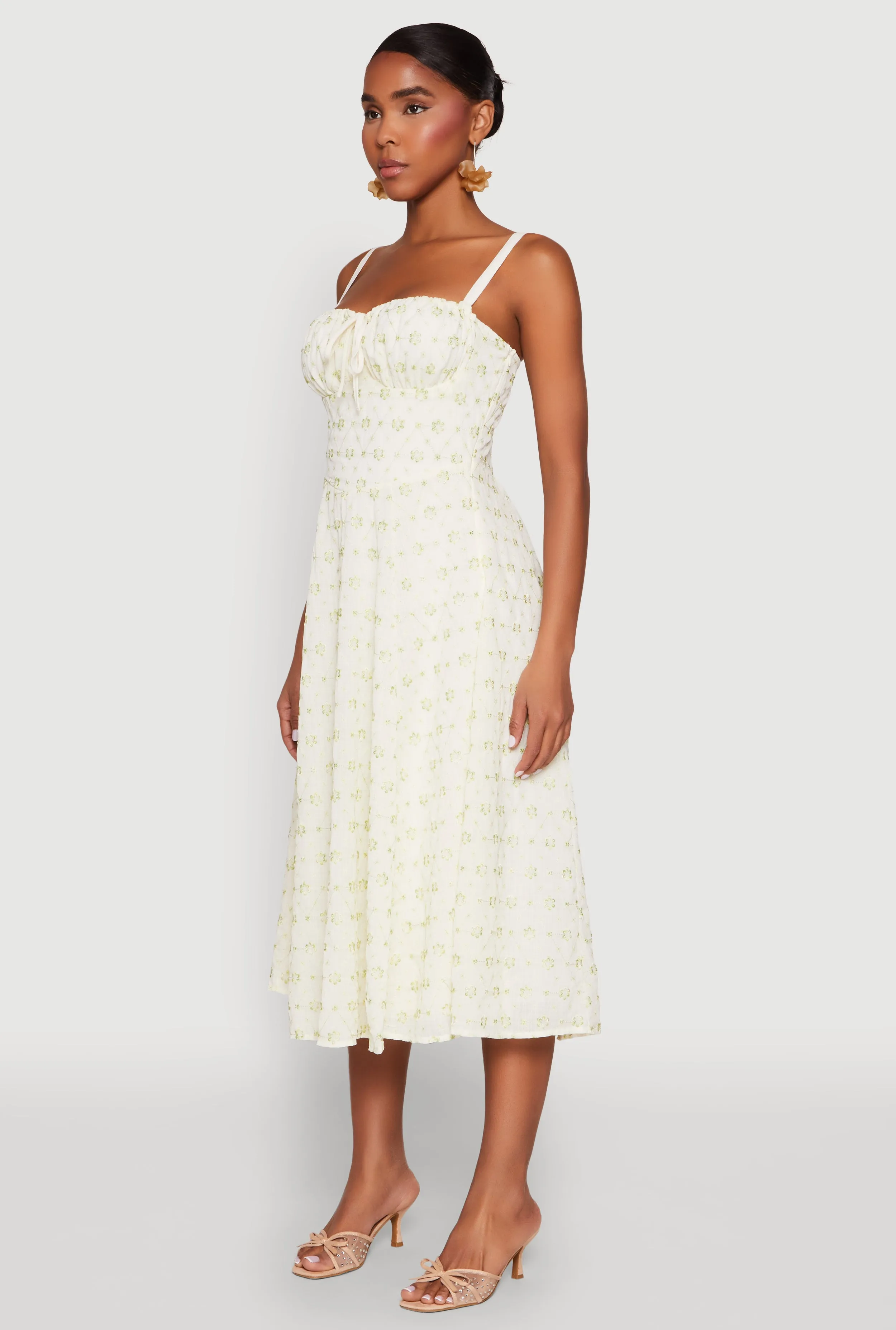 Stylish Details Layering friendly Floral Print Smocked Bustier Midi Dress