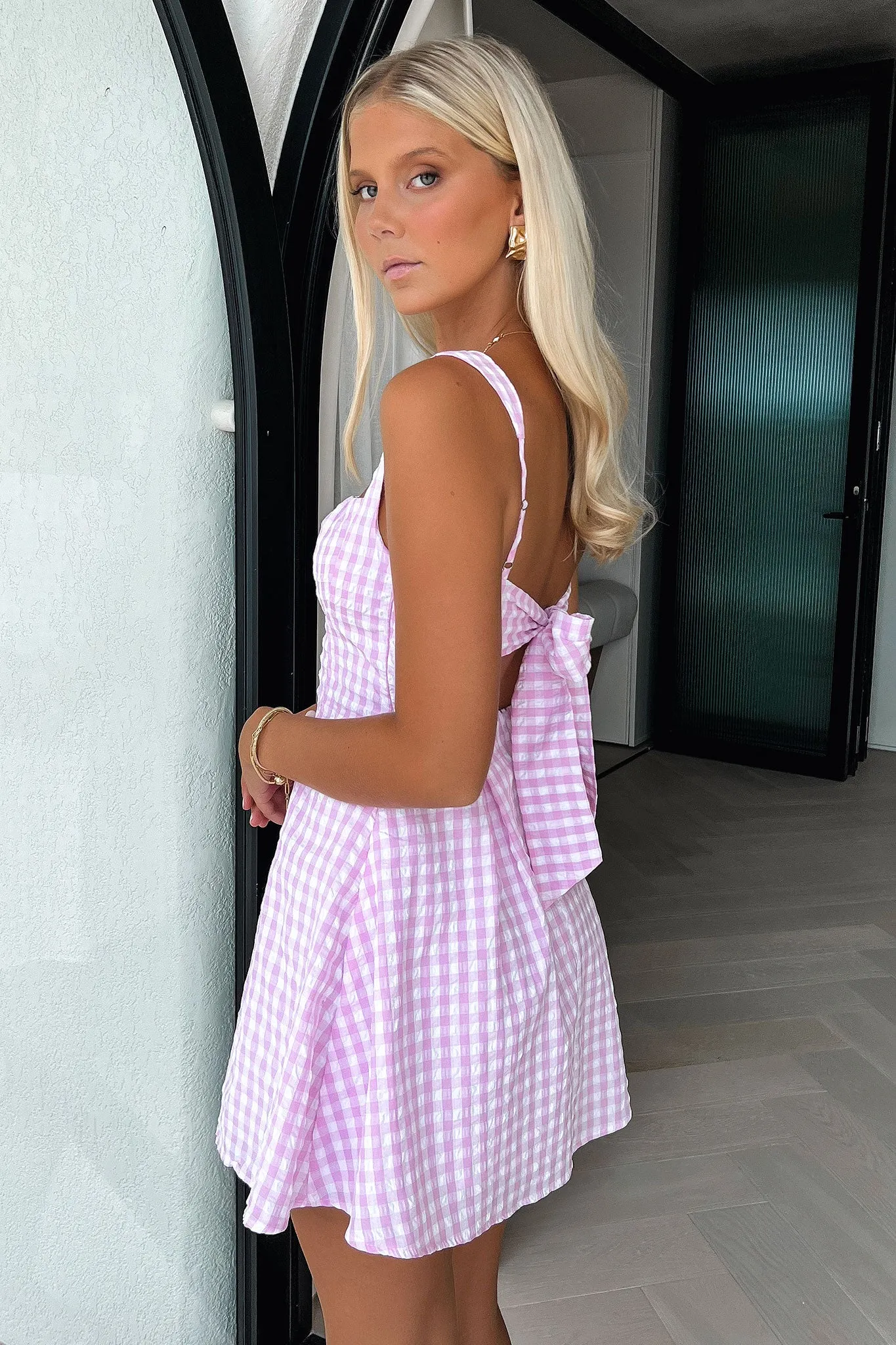 Bransley Square Neck Mini Dress - Pink/White Sheer Glam Floral design