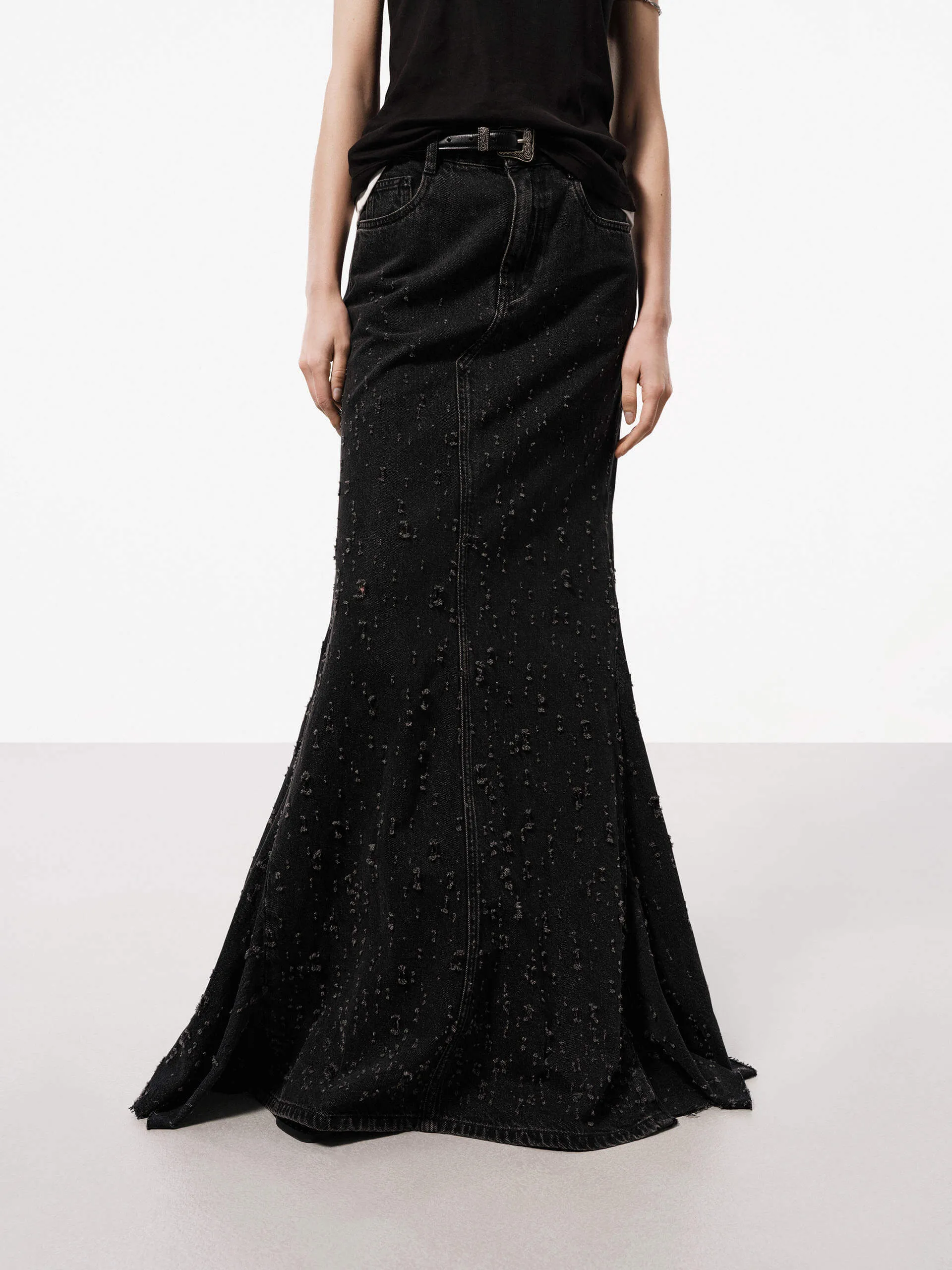 Silk Touch Chic Attire Distressed Effect Maxi Skirt