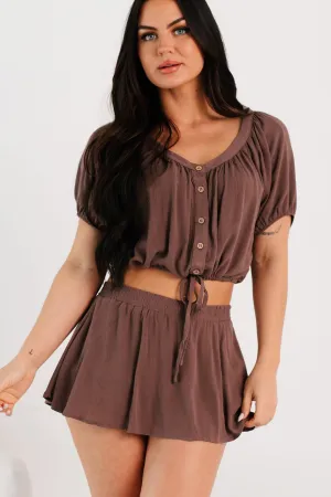 Laid Back Days Short Sleeve Top & Skort Set (Cocoa) Recycled Material