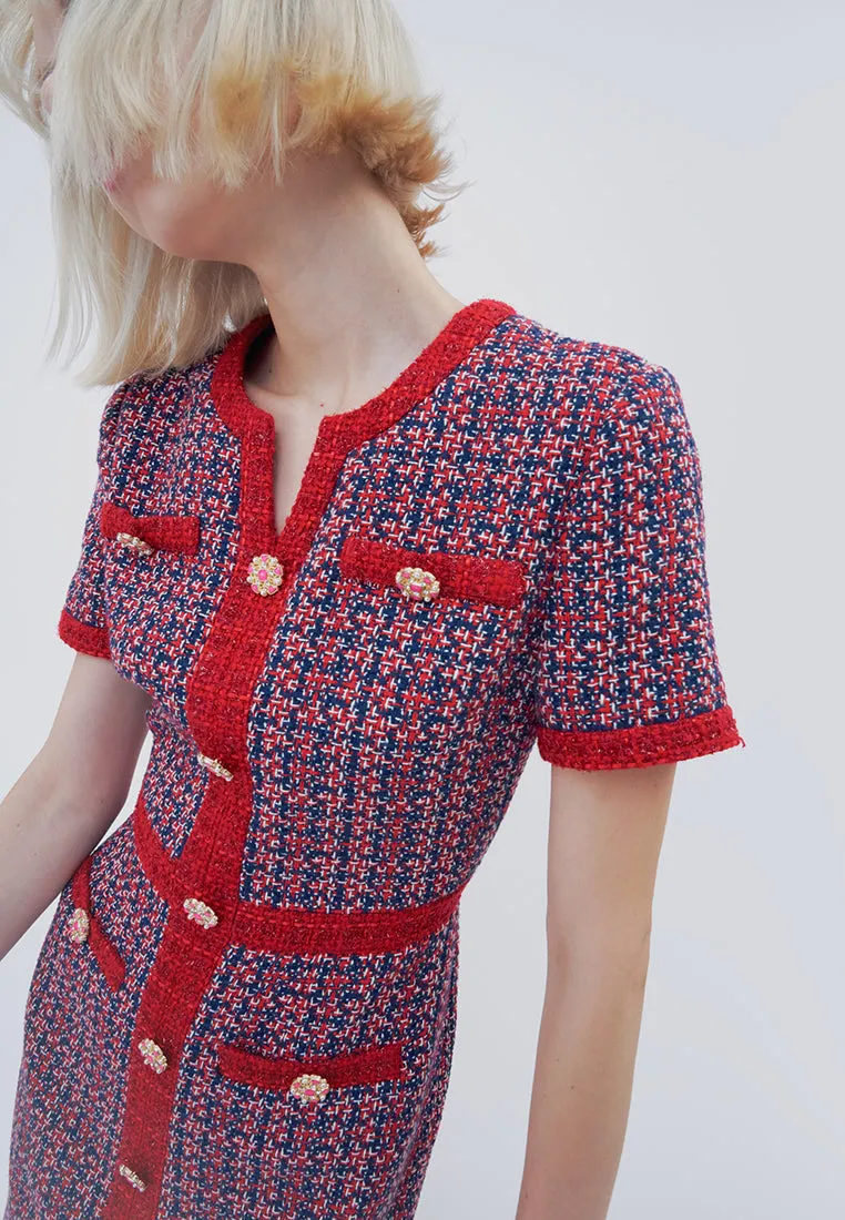AntiPilling Fabric Red Tweed Embellished Button Dress