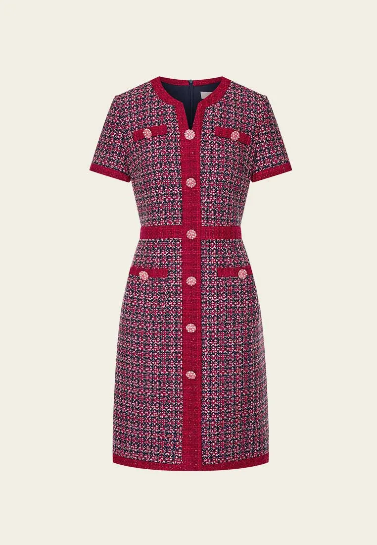 Red Tweed Embellished Button Dress SmoothGripFastenings