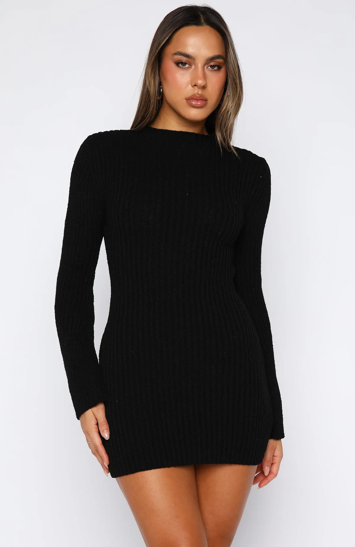 Get On Down Long Sleeve Knit Mini Dress Black yoga mode Fire Core