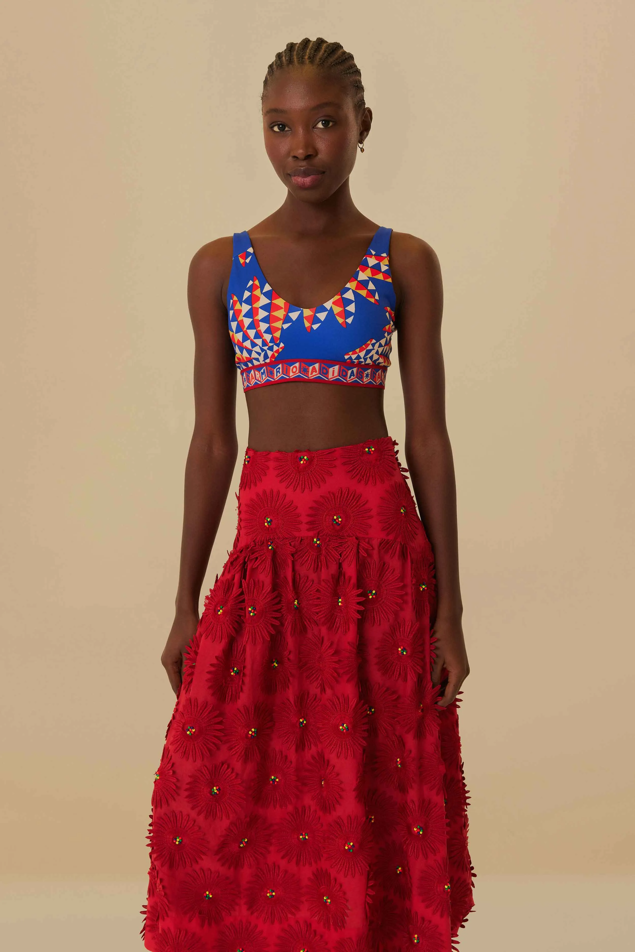 Sequined Finish Push Button Closure Red Daisy Flower Midi Skirt