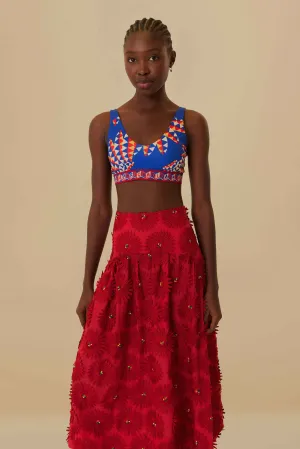 Sequined Finish Push Button Closure Red Daisy Flower Midi Skirt