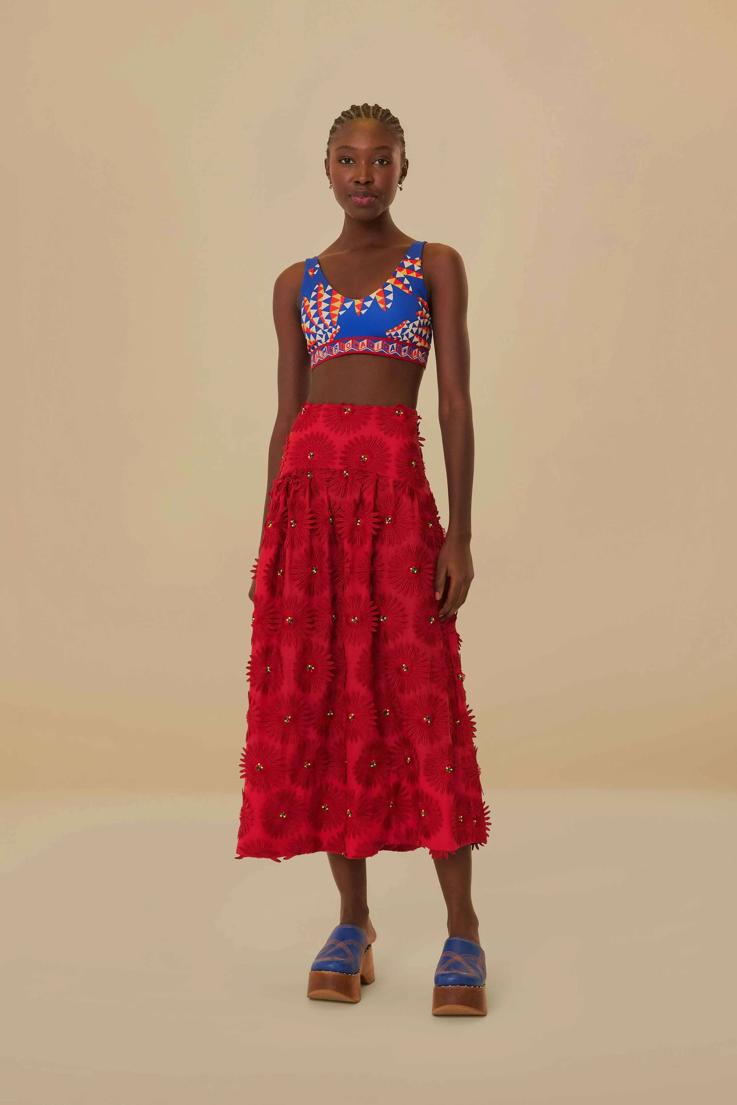 Breathable Neutral Tone Red Daisy Flower Midi Skirt
