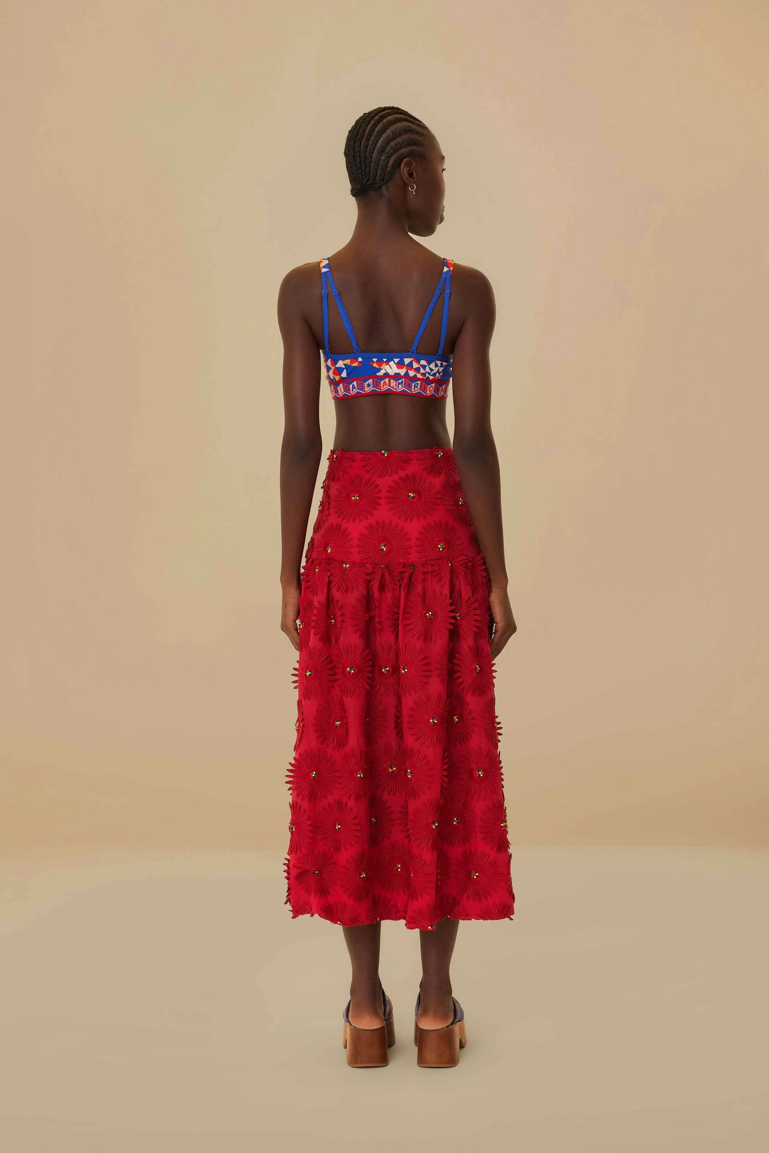 Red Daisy Flower Midi Skirt Adjustable Fastening
