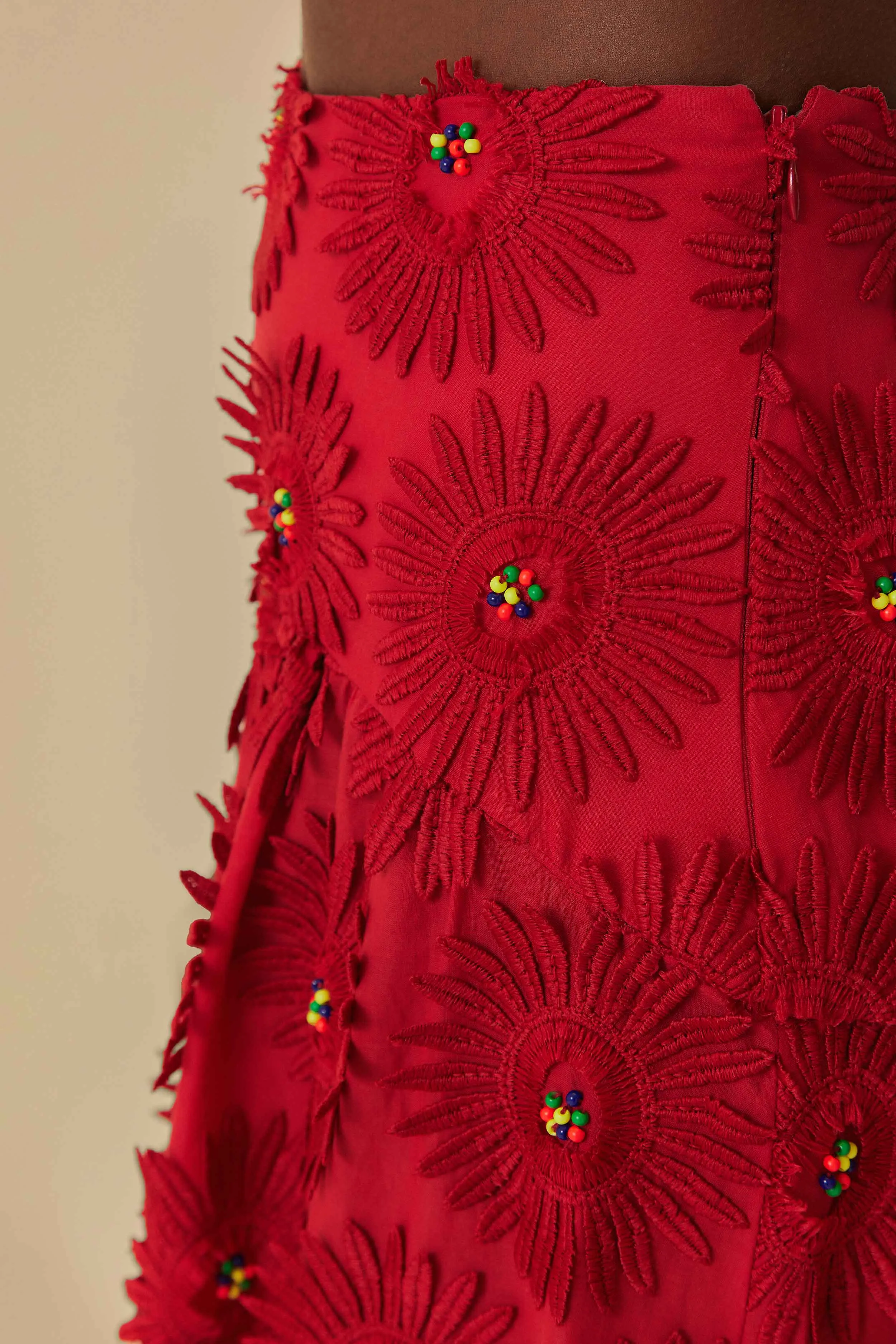 Red Daisy Flower Midi Skirt Soft Combo