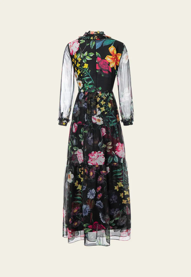 Trend Glow Ruffle-collar Floral-print Chiffon Dress