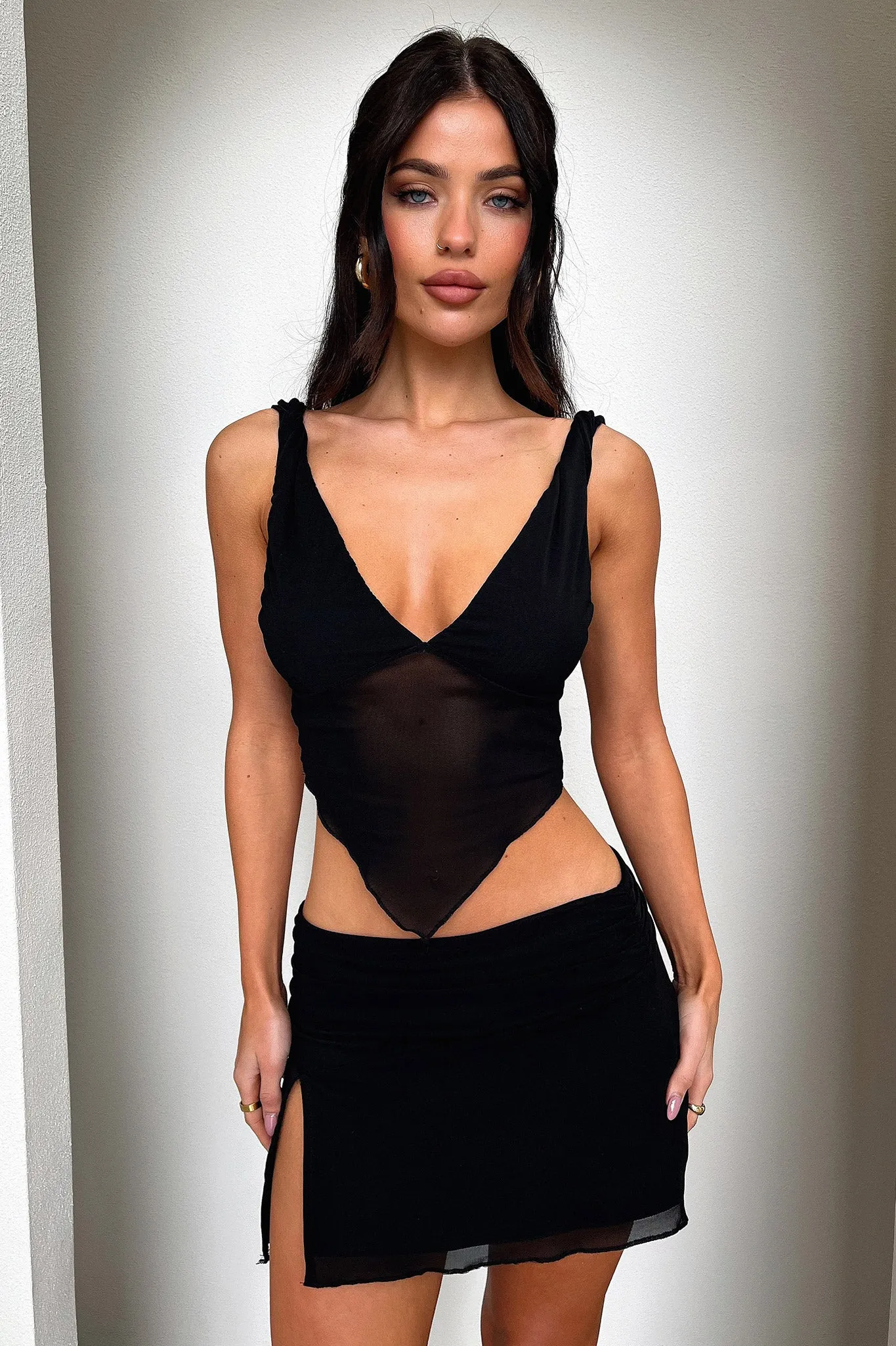 Glossy Texture Tanaya Skirt - Black