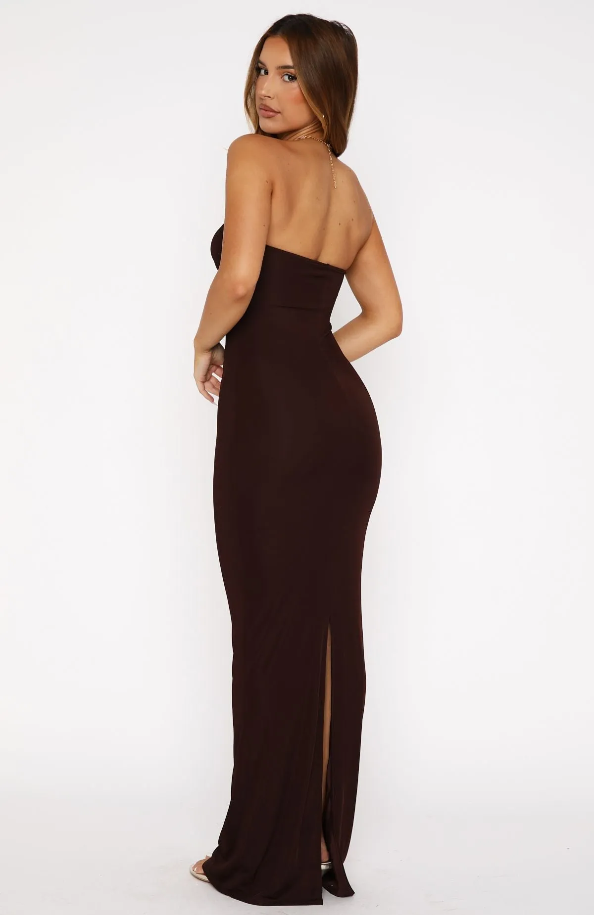 Pray For Forgiveness Strapless Maxi Dress Chocolate Fall Mood Adjustable Drawcord