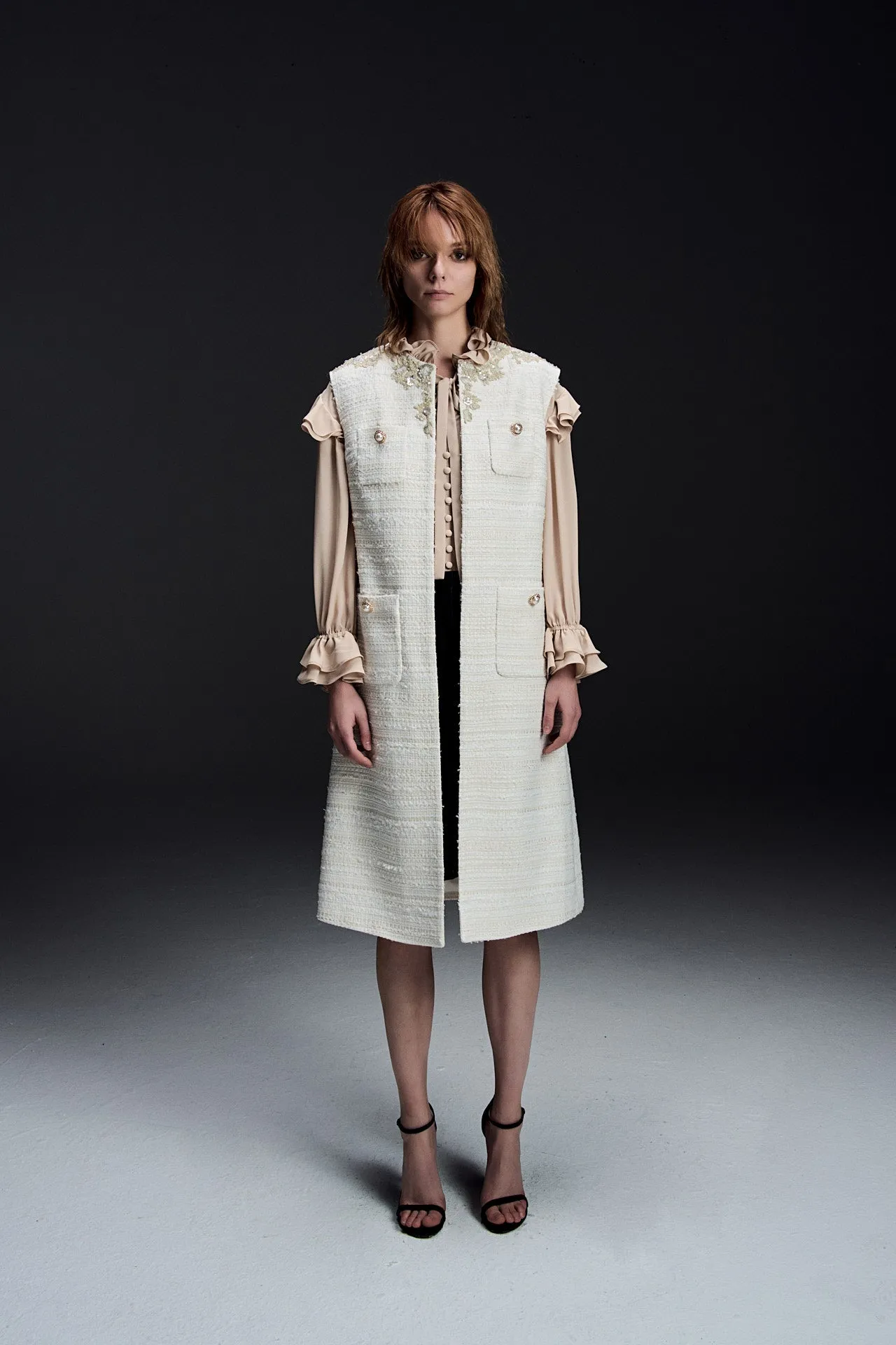 Light Cream Tweed Sleeveless Dress CompressionKnit