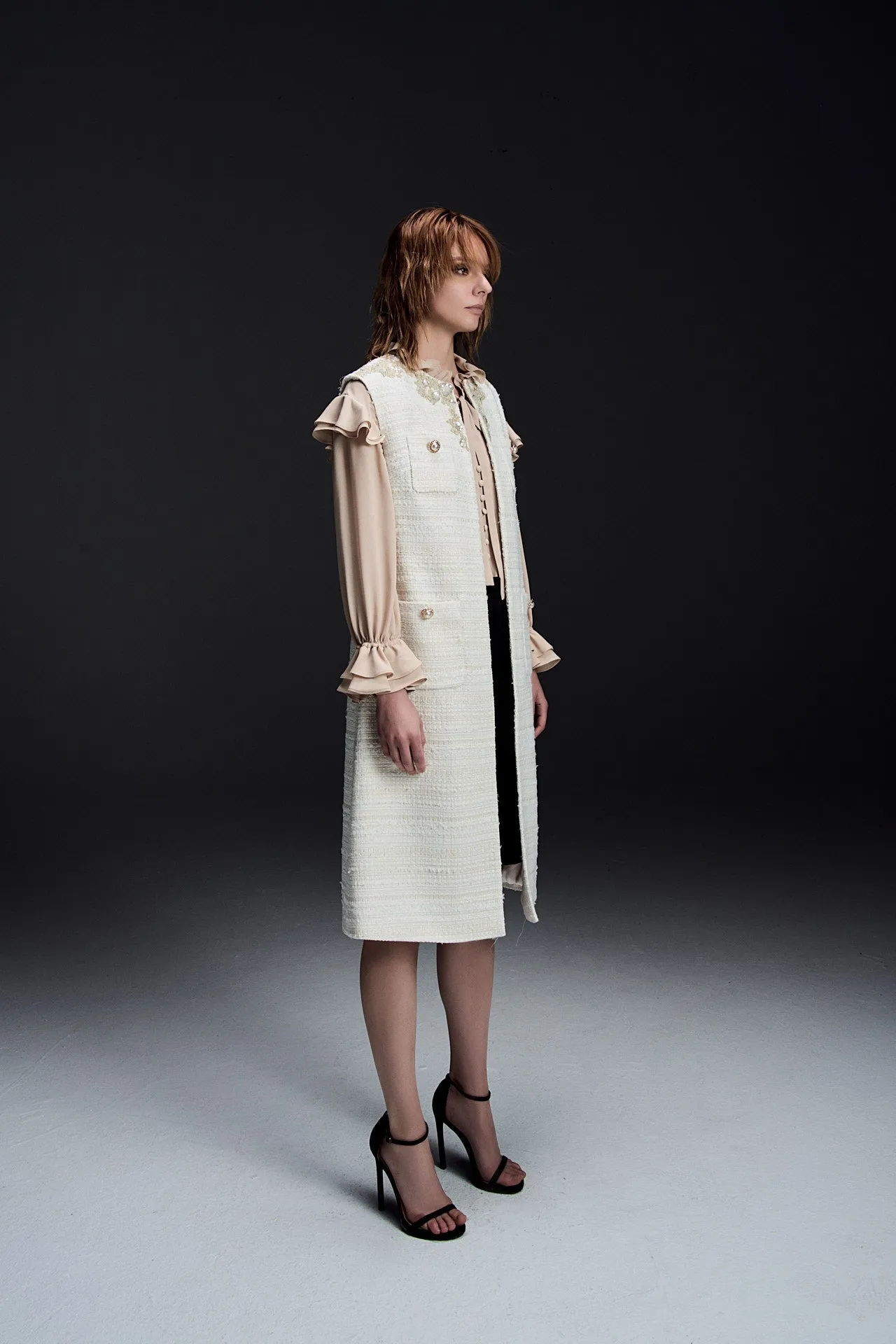 Light Cream Tweed Sleeveless Dress Net Fit LightweightWeave