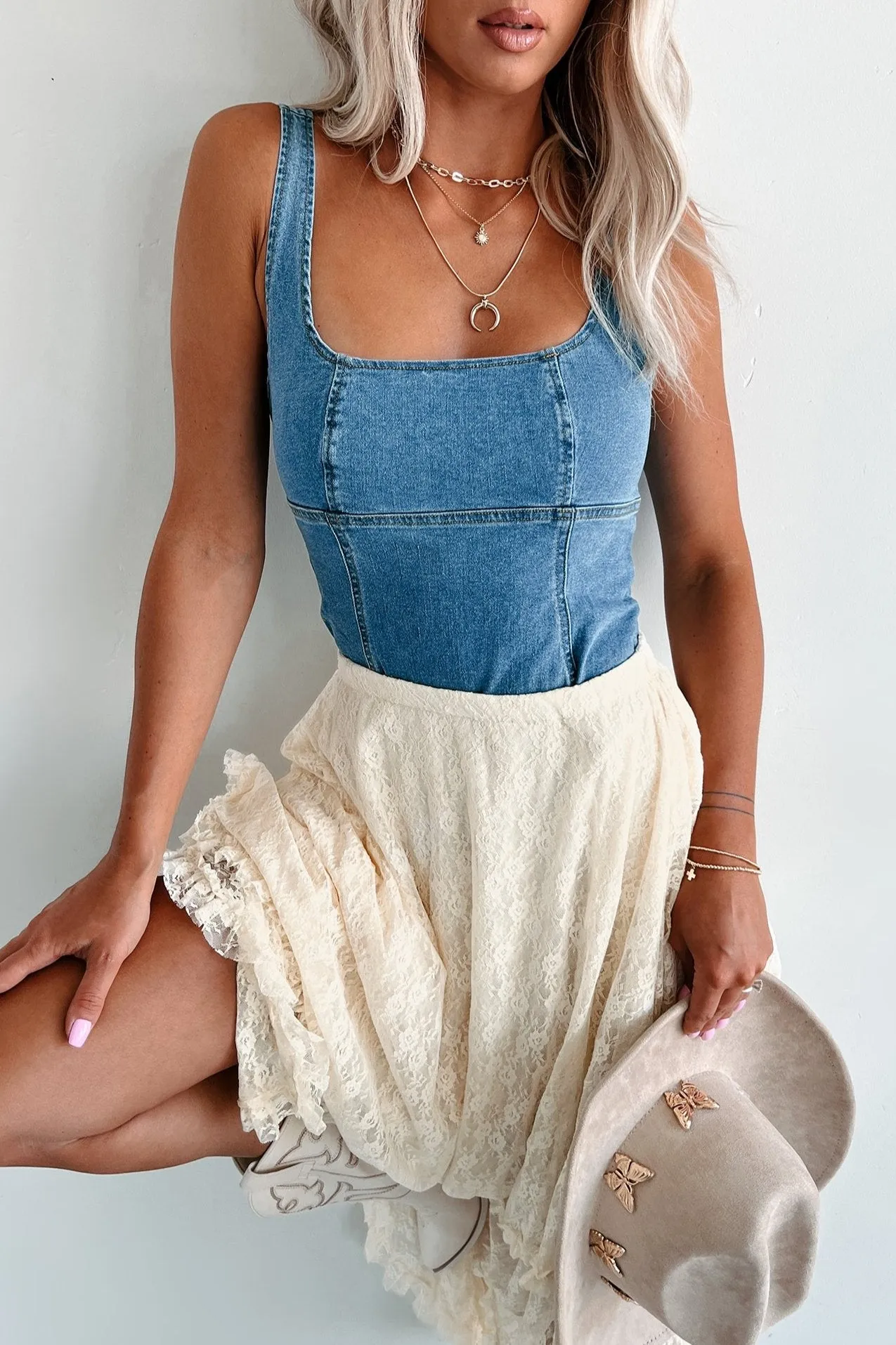 Eco Home Concert Casual Washed Denim Bodysuit (Blue)