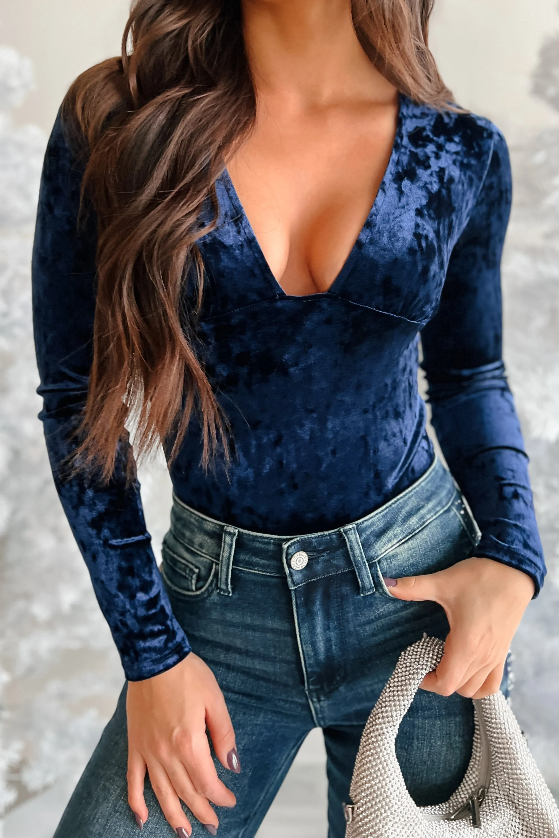 Luxury Urban Durable Relax Isabella Crushed Velvet Bodysuit (Blue)