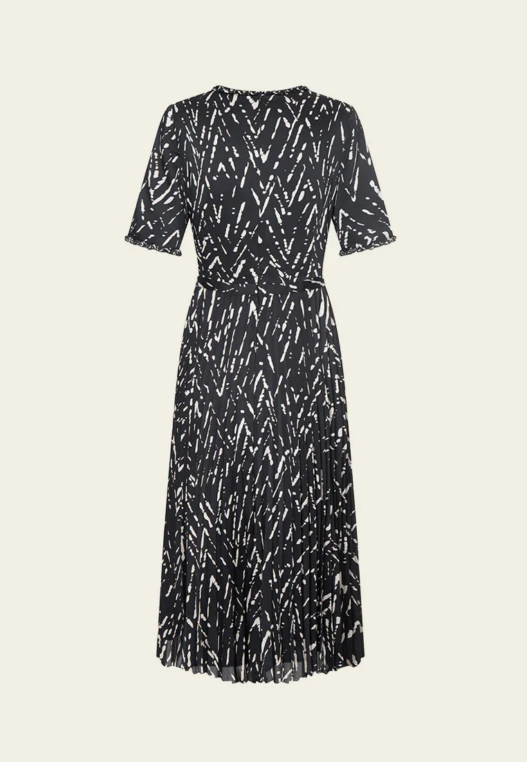 smooth zipper Black-and-white Abstract-pattern Braided-trim Dress