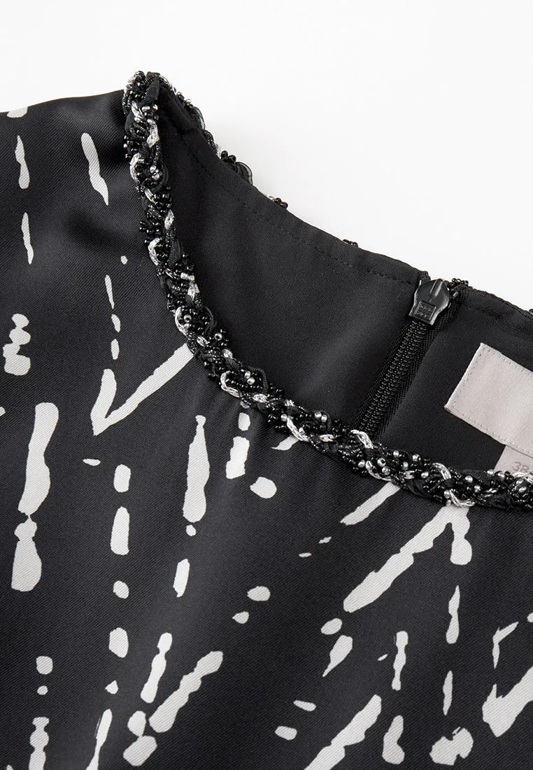 HypoallergenicTextile Black-and-white Abstract-pattern Braided-trim Dress