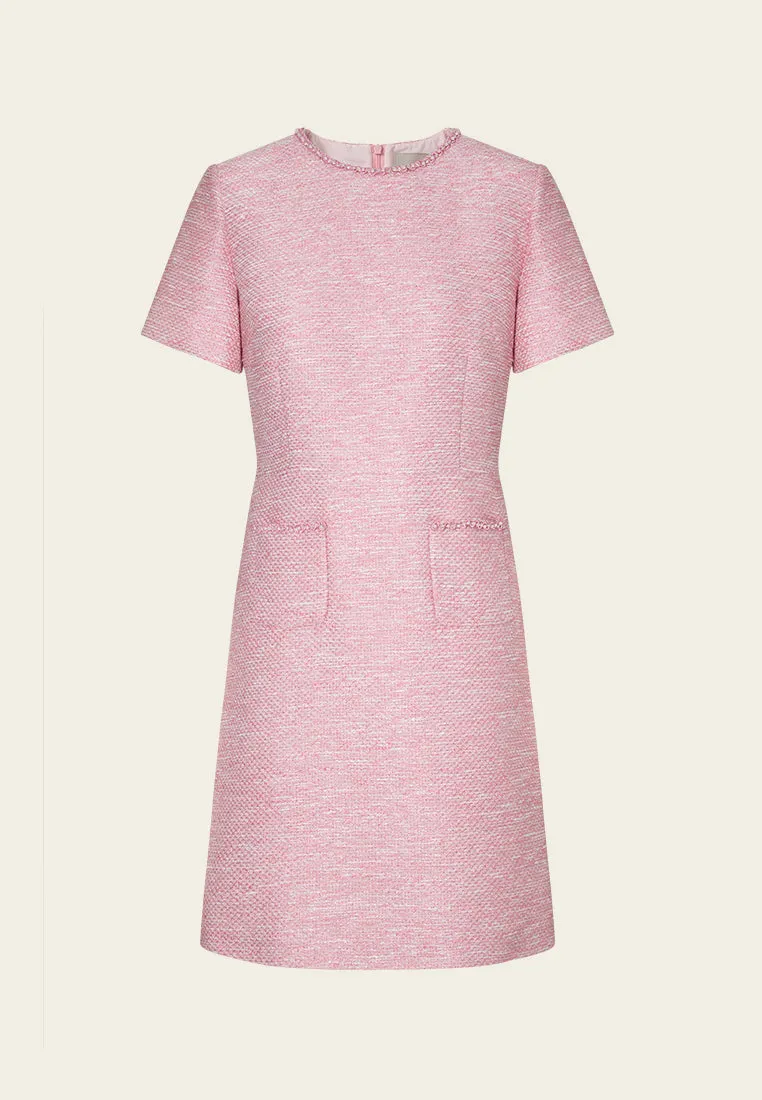 Short-sleeve Embellished-trim Pocket Slim-fit Dress clean look