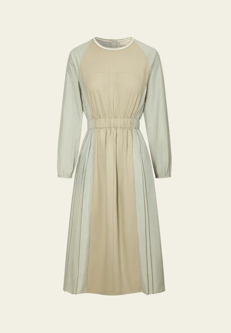 Pure Tone Patchwork-green Puff-sleeve Dress