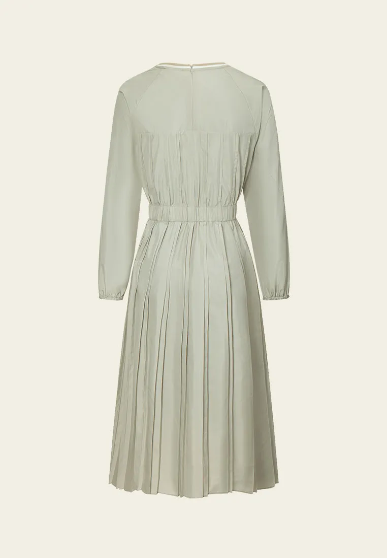 QuickDrying Fiber Patchwork-green Puff-sleeve Dress