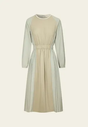 Pure Tone Patchwork-green Puff-sleeve Dress